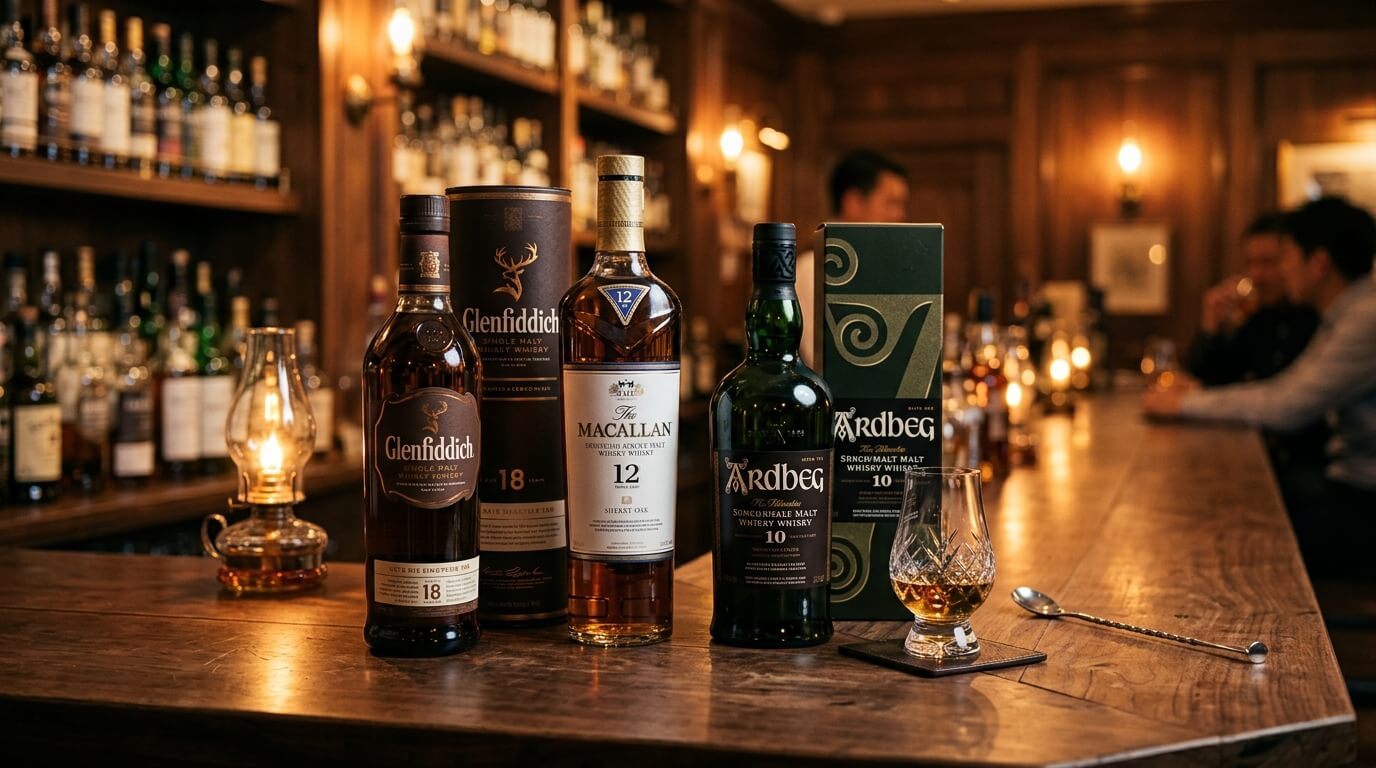 Beste honing whisky flessen met warme honing-tonen tegen een Schotse achtergrond