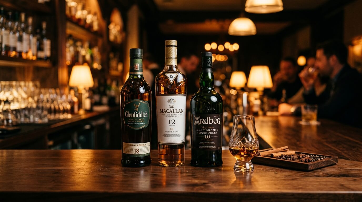 Kruidige whisky flessen met peper, kaneel en kruidnagel op de voorgrond in warme herfstsfeer