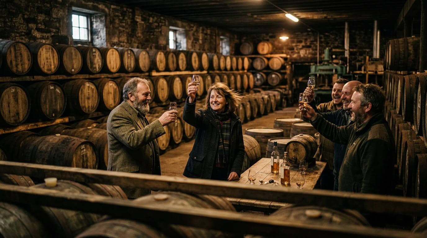 Amerikaanse tarieven Schotse whisky opgeheven, Schotse whiskyflessen tegen Highland-landschap