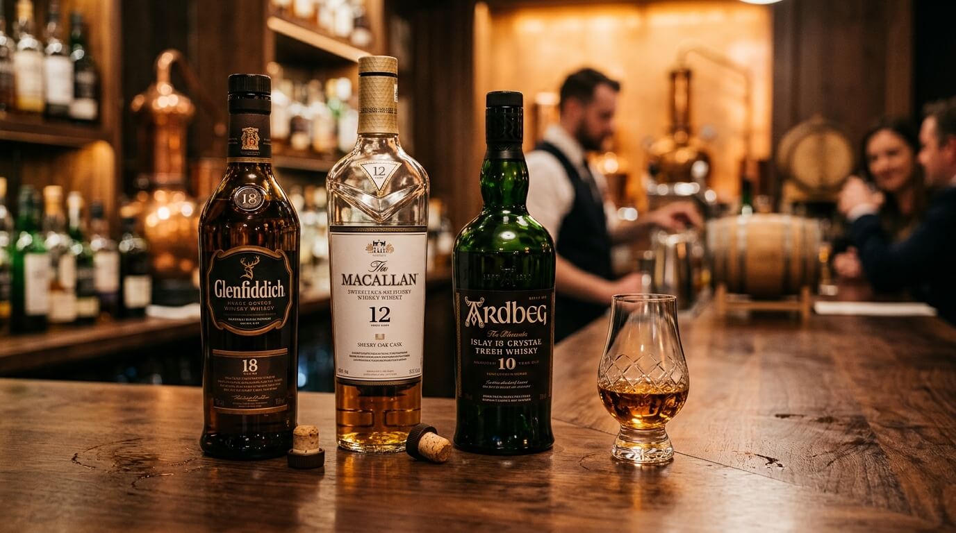 De beste whisky onder 30 euro flessen op een houten tafel met warme sfeerverlichting