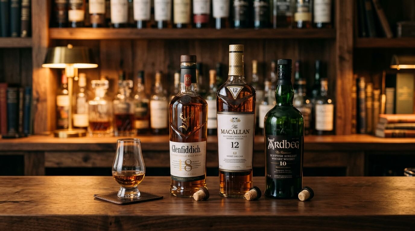 Geopende fles whisky bewaren met flessen op de voorgrond en een sfeervolle Schotse achtergrond