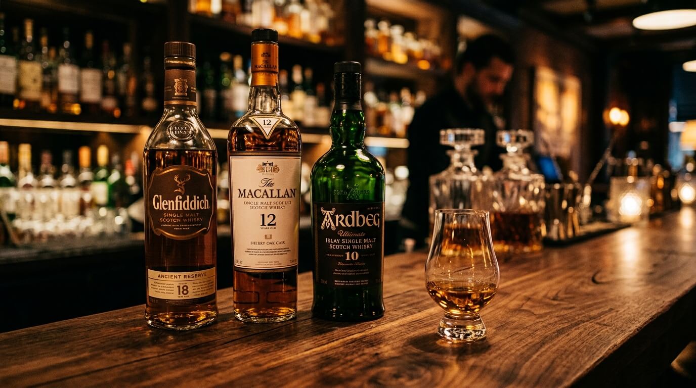 Whisky-etiket lezen met Schotse whiskyflessen op de voorgrond en een mistige Highland-vallei op de achtergrond