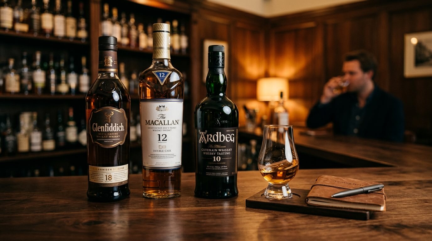 Whiskyproeverij thuis organiseren met verschillende whiskyflessen en glazen op een houten tafel