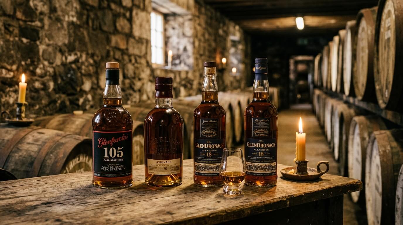 Bourbon whiskey flessen op de voorgrond met houten vaten en koperen pot stills in een warme distilleerderijkelder