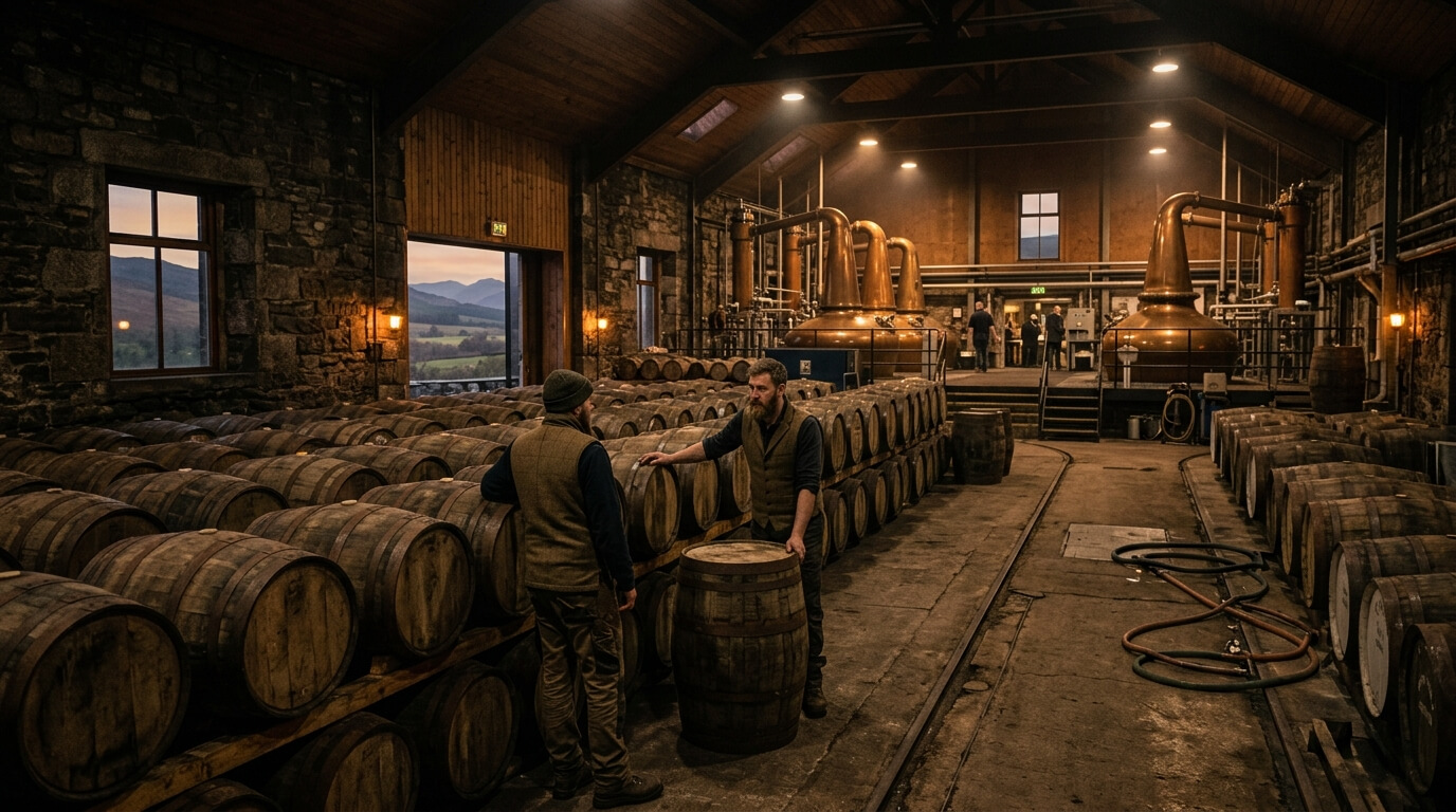 Ian Macleod whiskyproductie: Glengoyne en Tamdhu flessen met Schotse Highlands op de achtergrond