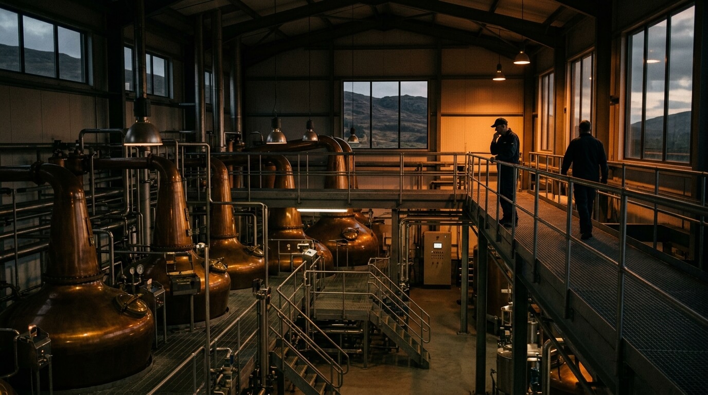 Ian Macleod whiskyproductie met Glengoyne en Tamdhu flessen tegen een Schotse achtergrond