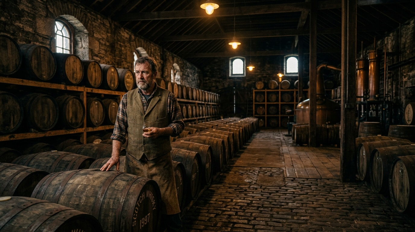 Schotse distilleerderijen financiële problemen met whiskyflessen op de voorgrond en Schots berglandschap