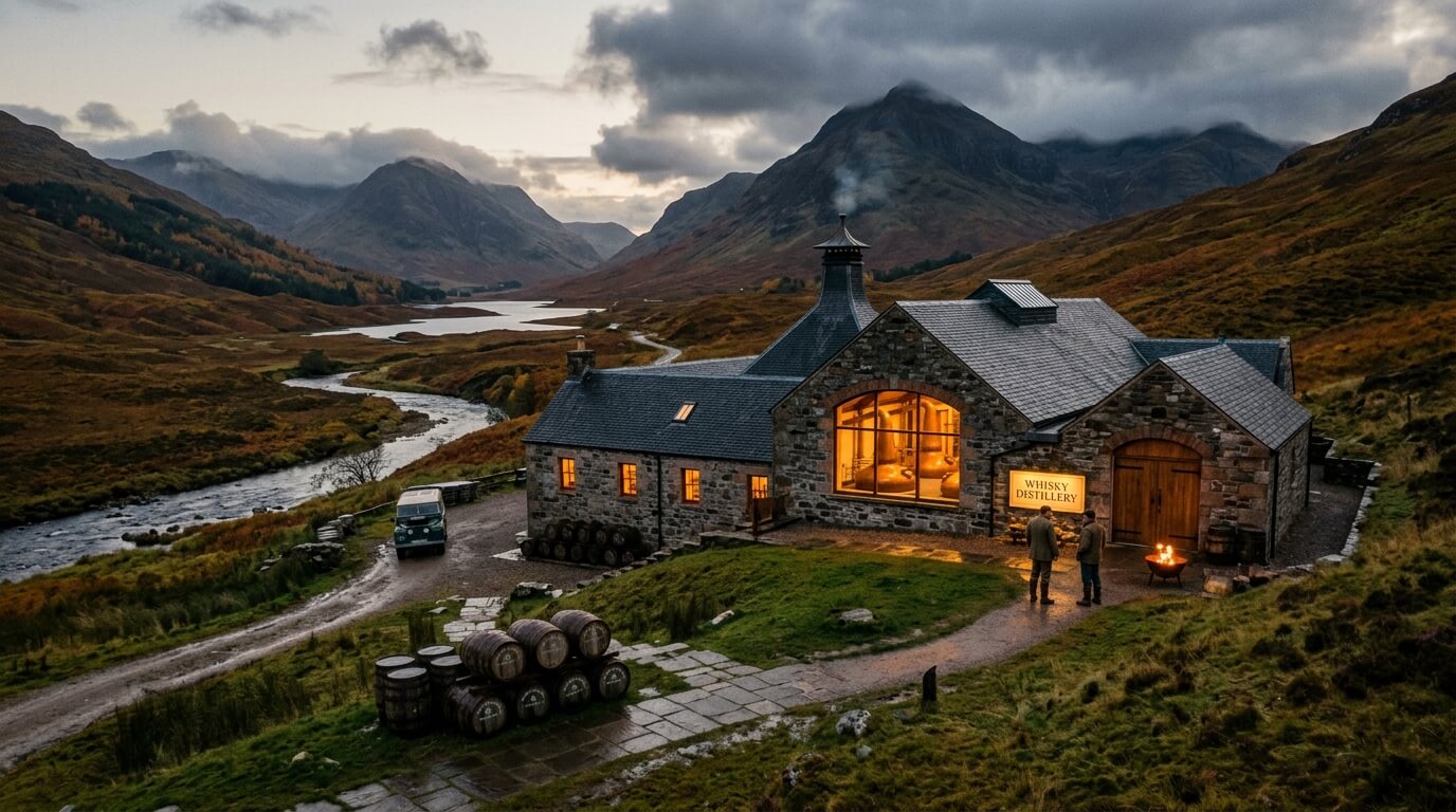 Schotse Highlands whiskyflessen met mistige bergvallei op de achtergrond
