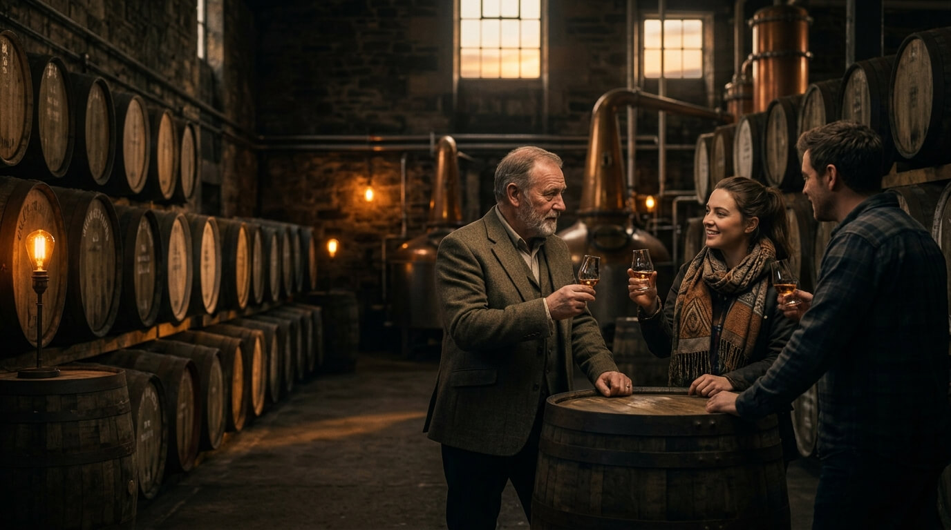 Schotse whisky flessen met mistige Highlands en handelsdoorbraak met de VS