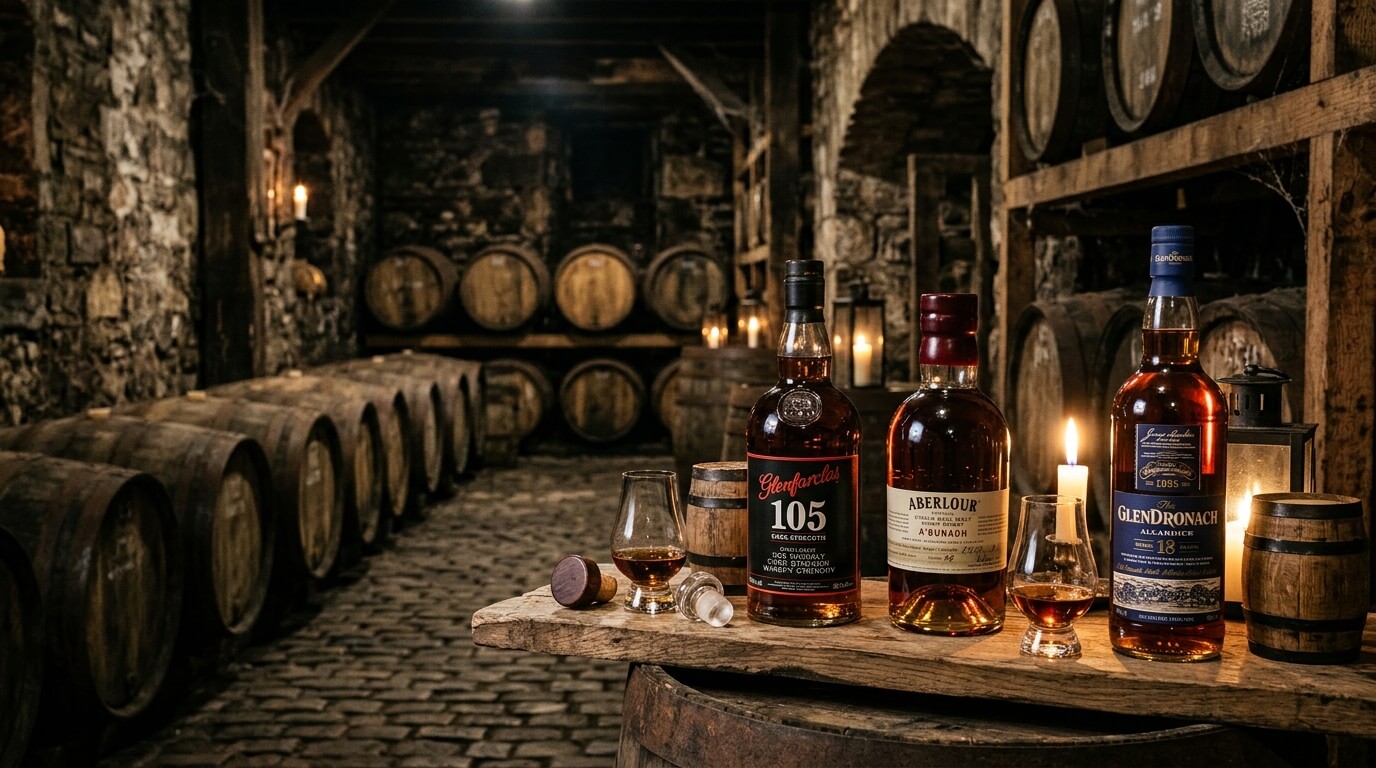 Cask strength whisky flessen op de voorgrond met een mistige Schotse bergvallei op de achtergrond