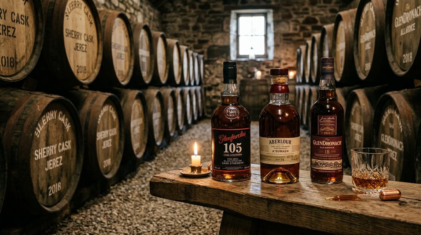 Sherry cask whisky flessen op de voorgrond met glooiend Speyside dal en eikenhouten sherryvaten op de achtergrond