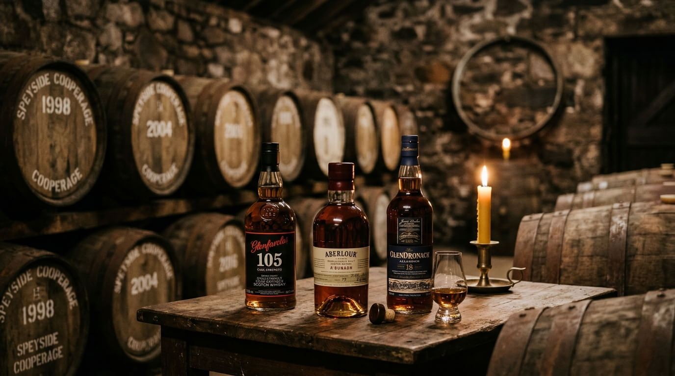 Tennessee whiskey flessen op de voorgrond met houten vaten in een warme distilleerderijkelder op de achtergrond