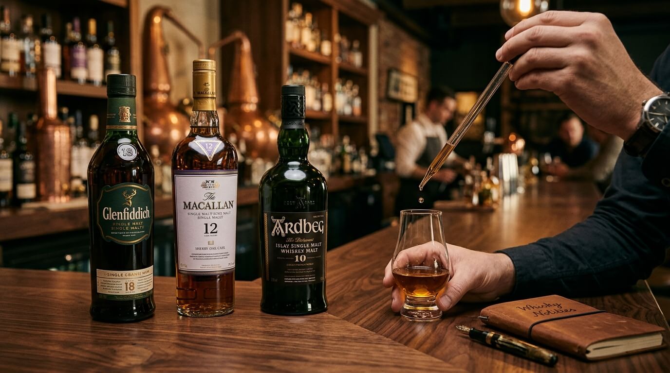 Water bij whisky met glazen whisky, waterkaraf en ijs op houten bar