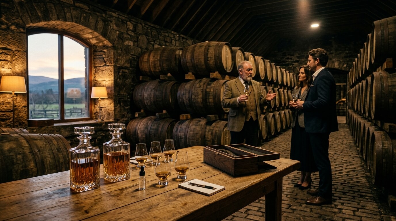Aberargie Distillery single malt whisky flessen met Schotse Highlands op de achtergrond