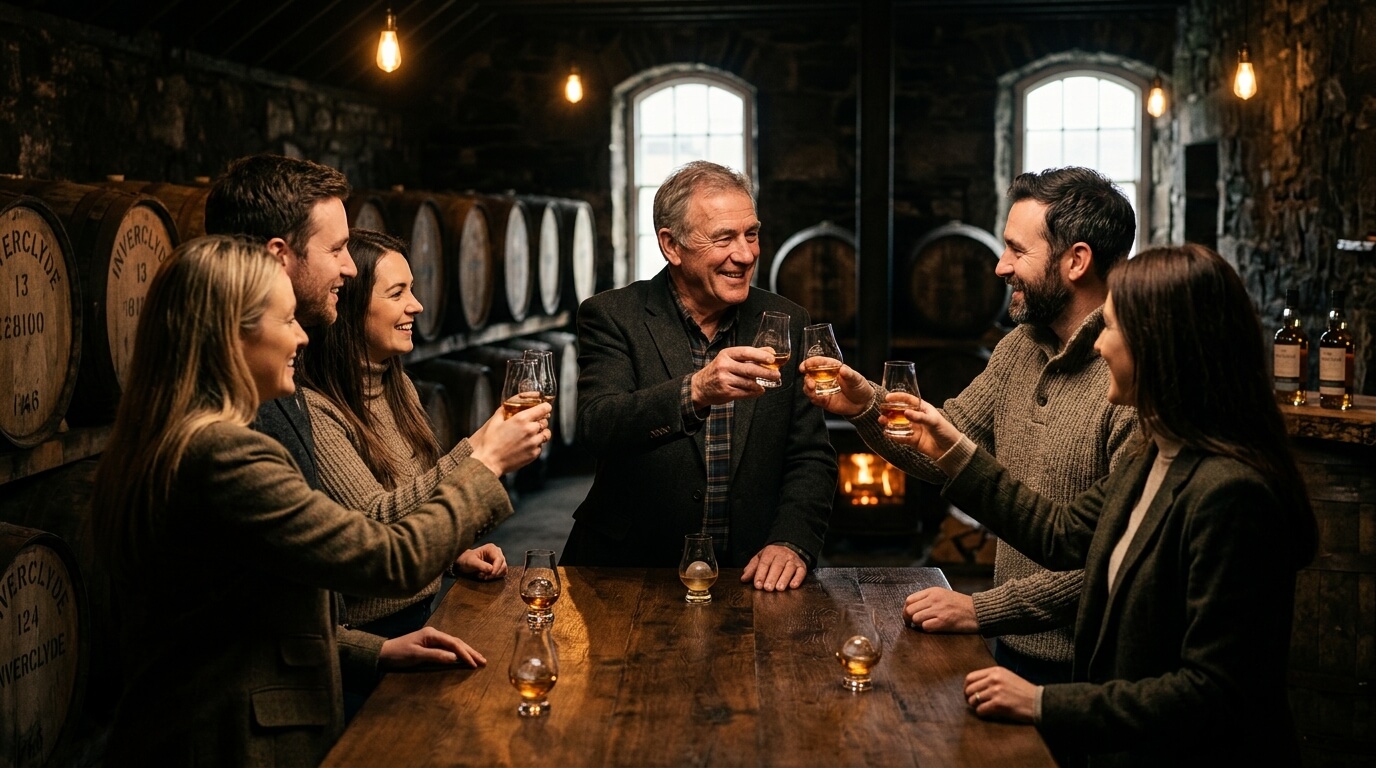 Inverclyde distillery Schotse whisky flessen met Schots landschap op de achtergrond