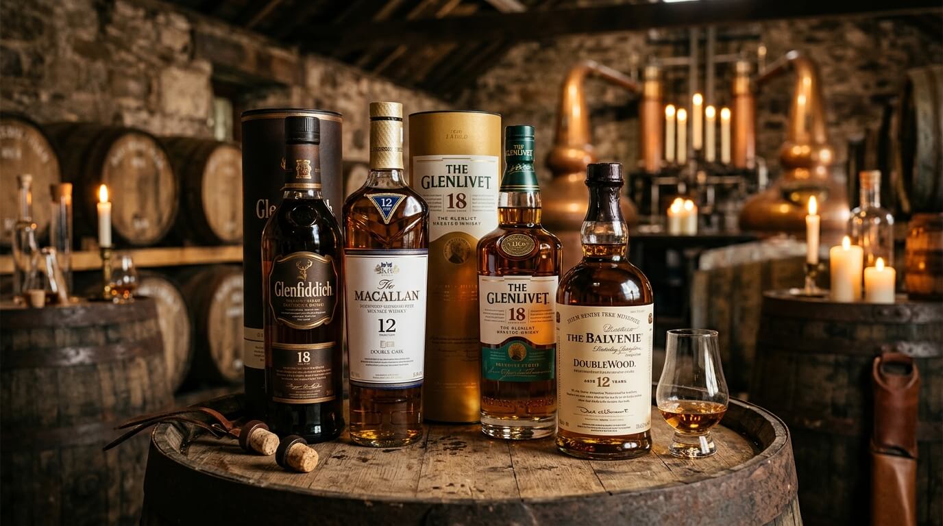 Balvenie whisky flessen op de voorgrond met een glooiend groen Speyside-dal en eikenhouten vaten op de achtergrond