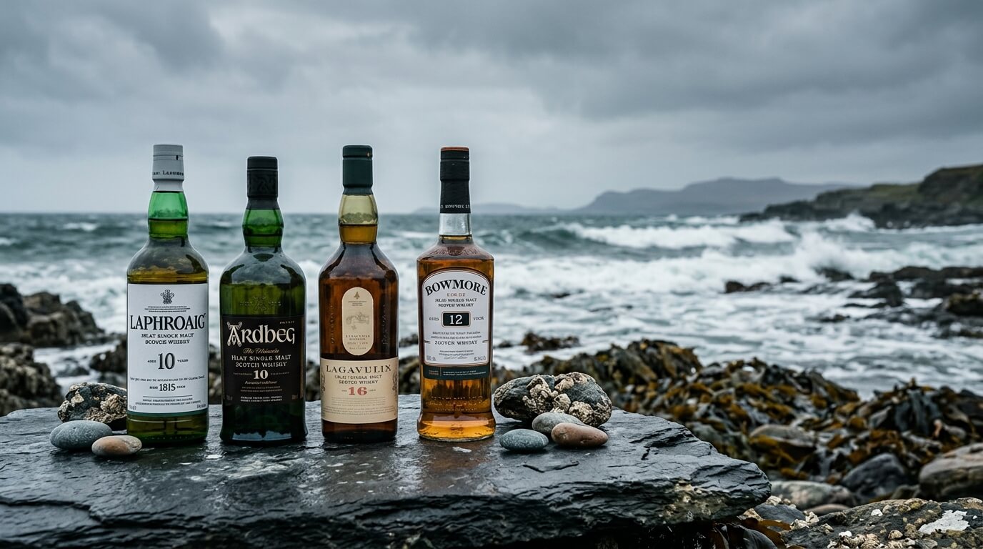 Bowmore whisky flessen op de voorgrond met de rotsige kustlijn van Islay op de achtergrond