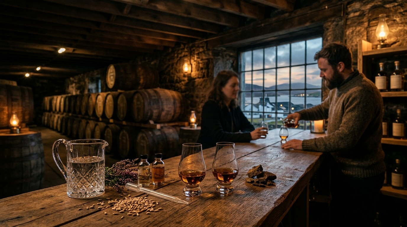 Bruichladdich Greener Still whiskyflessen met de rotsige kustlijn van Islay op de achtergrond