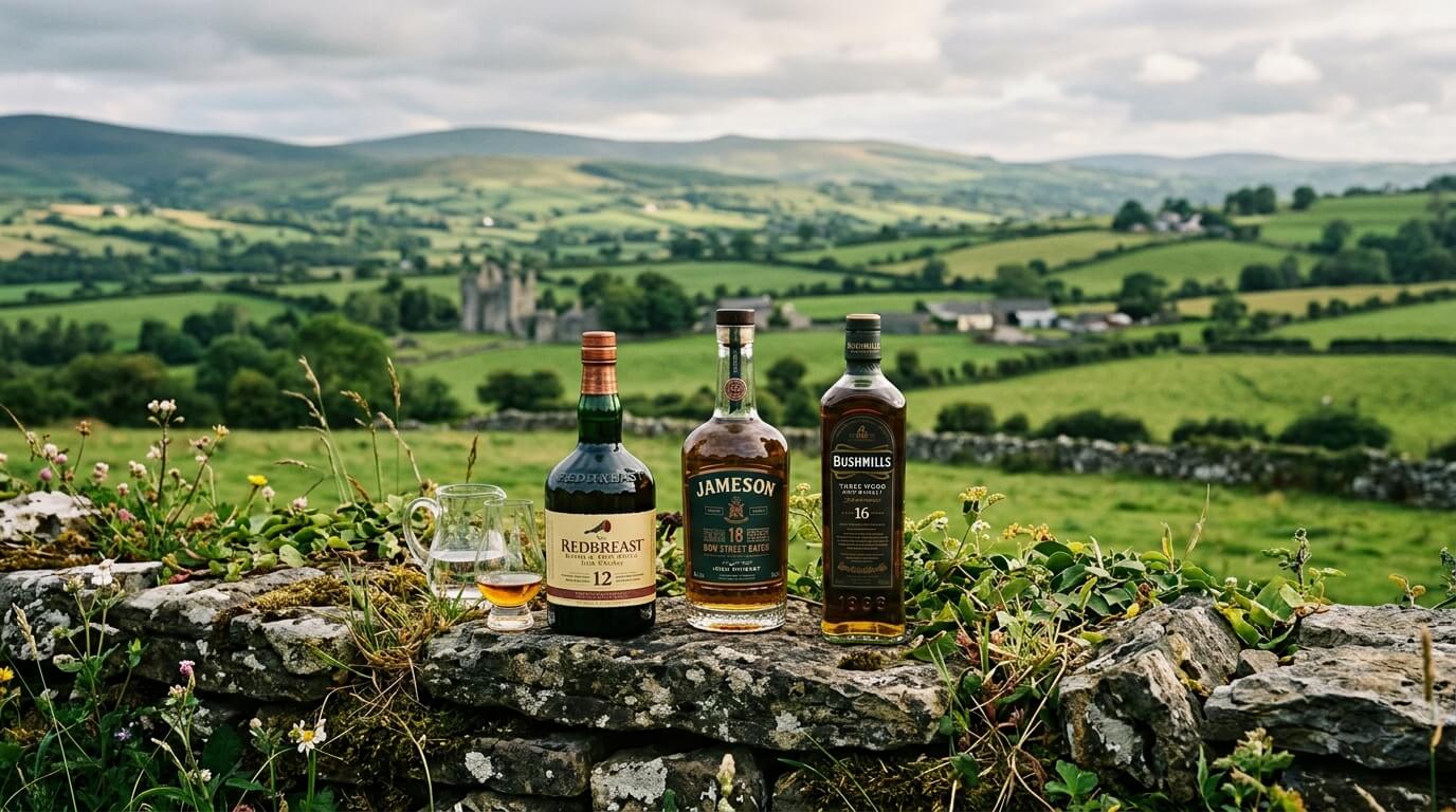 De beste Ierse whiskey flessen op de voorgrond met groene heuvels en een klokkentoren op de achtergrond