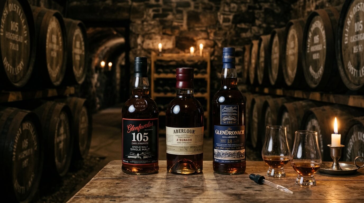 De beste sherry cask whisky flessen op de voorgrond met een Speyside dal en eikenhouten vaten op de achtergrond