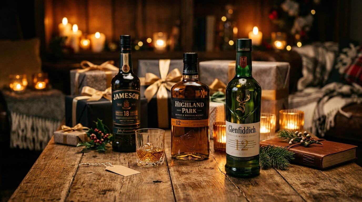 Selectie whisky flessen als verjaardag cadeau met warme achtergrond van hout en kaarslicht