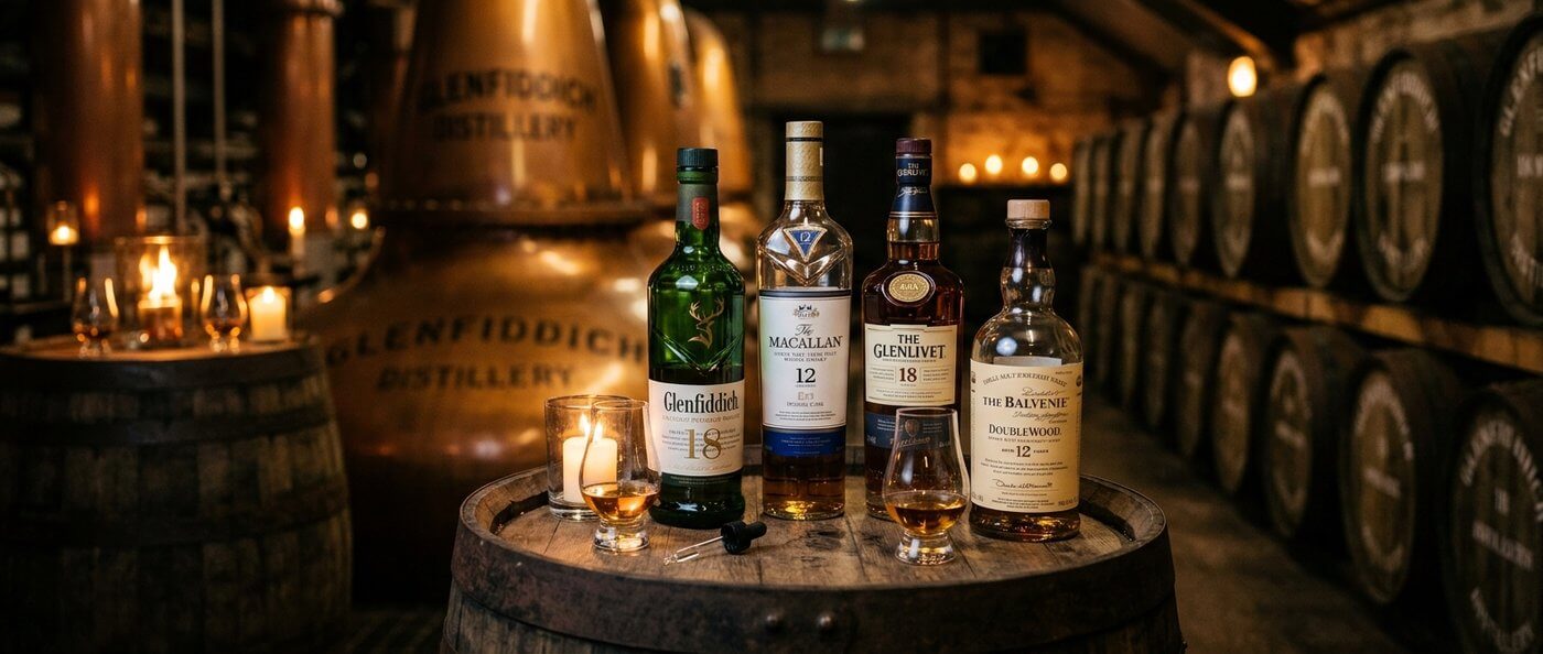 Glenfiddich 12 jaar single malt whisky flessen op de voorgrond met groen Speyside dal en rivier op de achtergrond