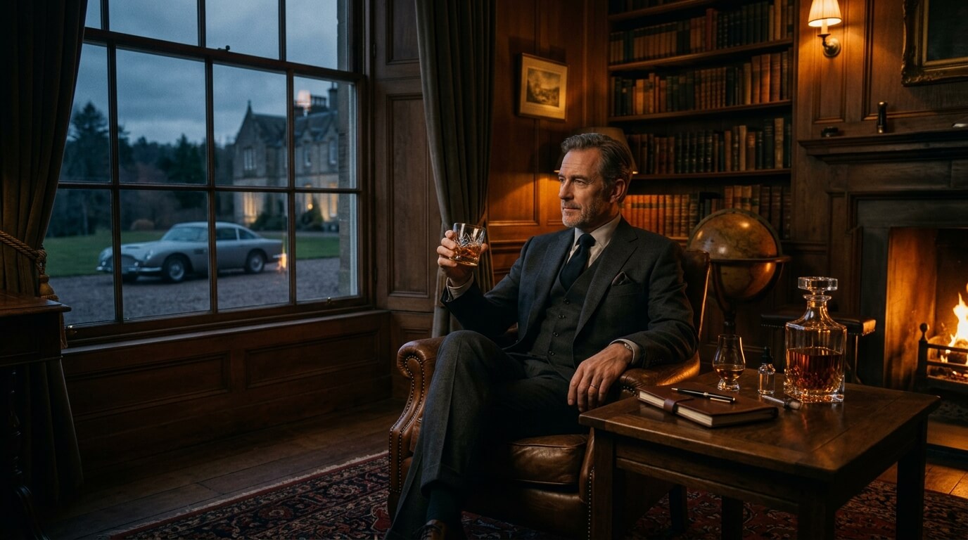Glenfiddich Aston Martin 16 Year Old whiskyflessen met Speyside landschap