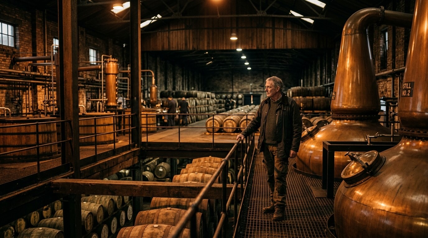 Ian Macleod whiskyproductie met Glengoyne en Tamdhu flessen in Schots landschap