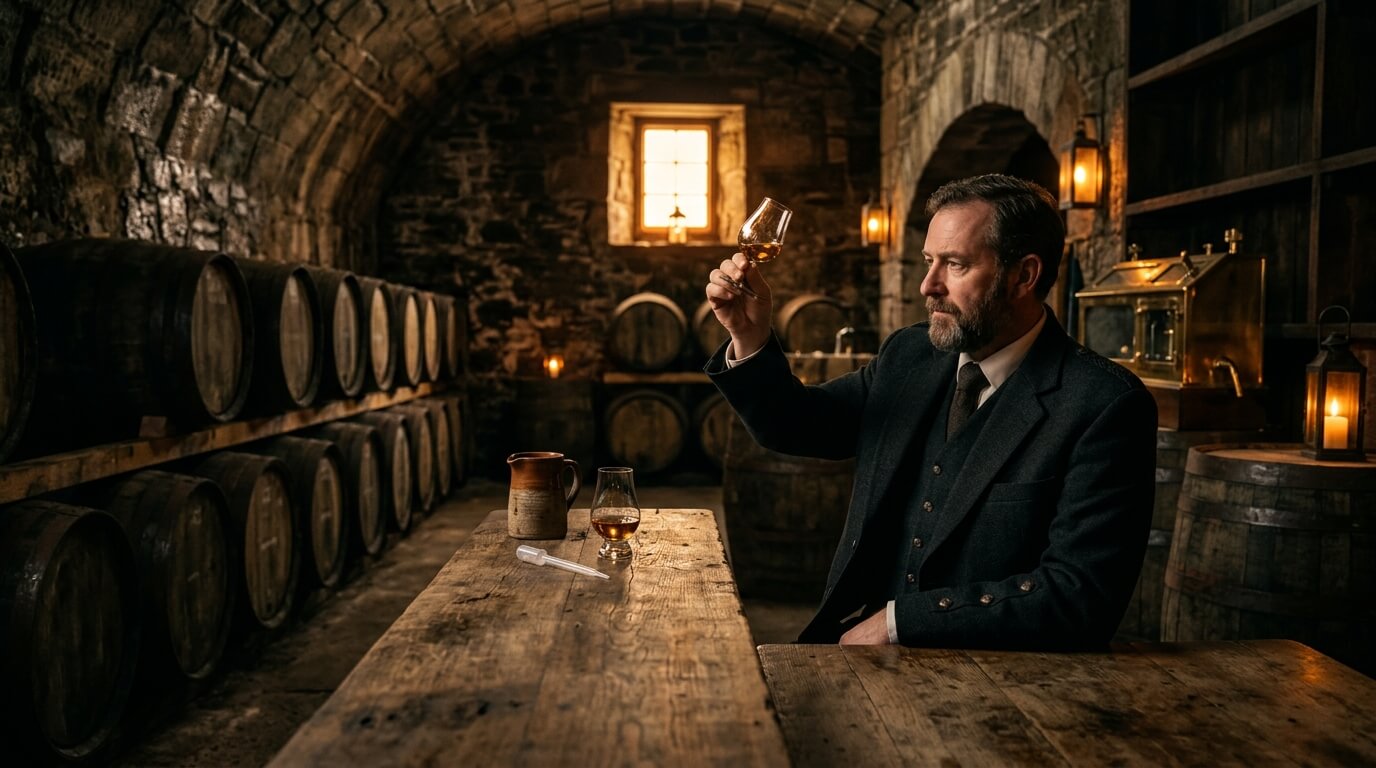 Jackton Distillery RAER Single Malt whisky flessen met Schots landschap op de achtergrond