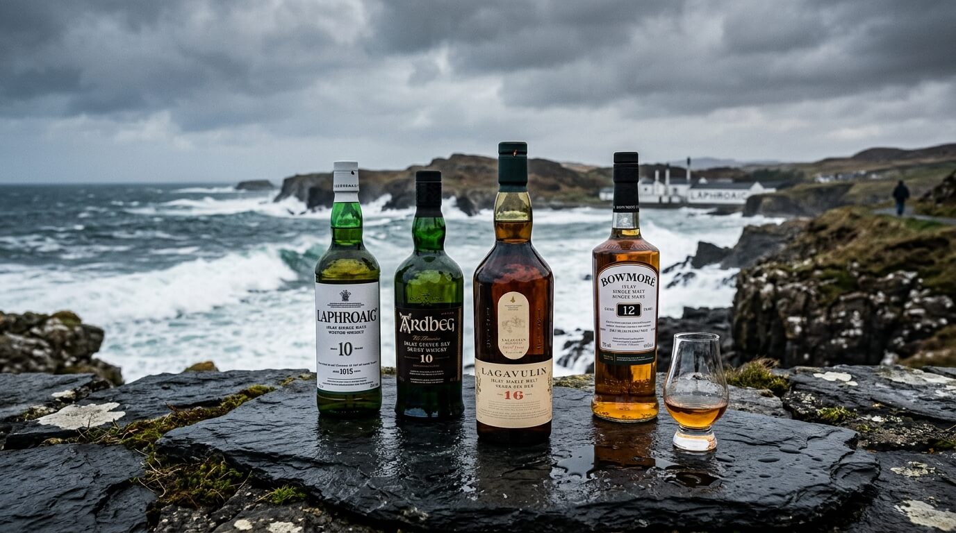 Lagavulin 16 jaar whiskyflessen op de voorgrond met de rotsige kustlijn van Islay op de achtergrond