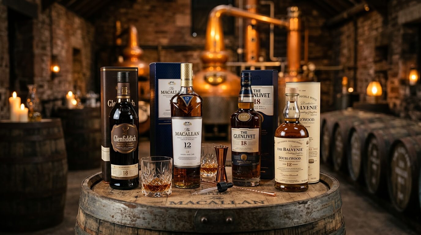 Macallan 12 jaar Sherry Oak whiskyflessen op de voorgrond met een glooiend groen Speyside-dal en eikenhouten sherryvaten op de achtergrond
