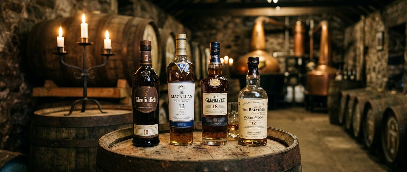 Macallan whisky flessen op de voorgrond met een glooiend groen Speyside-dal en eikenhouten vaten op de achtergrond