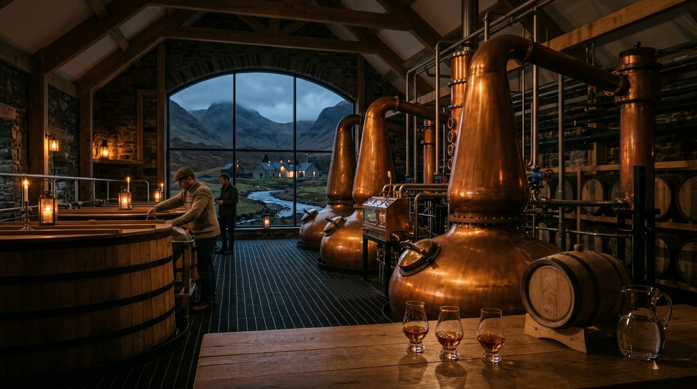 Glenachulish distilleerderij whisky flessen met Schotse Highlands landschap op de achtergrond