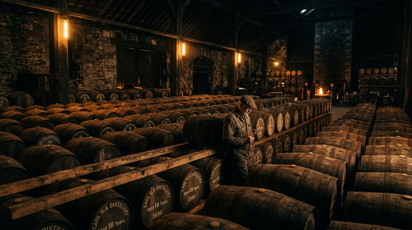 Schotse whiskyflessen op de voorgrond met mistige Highlands-vallei op de achtergrond