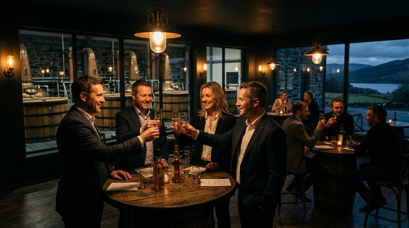 Schotse distilleerderijen whisky flessen met mistige Highlands op de achtergrond