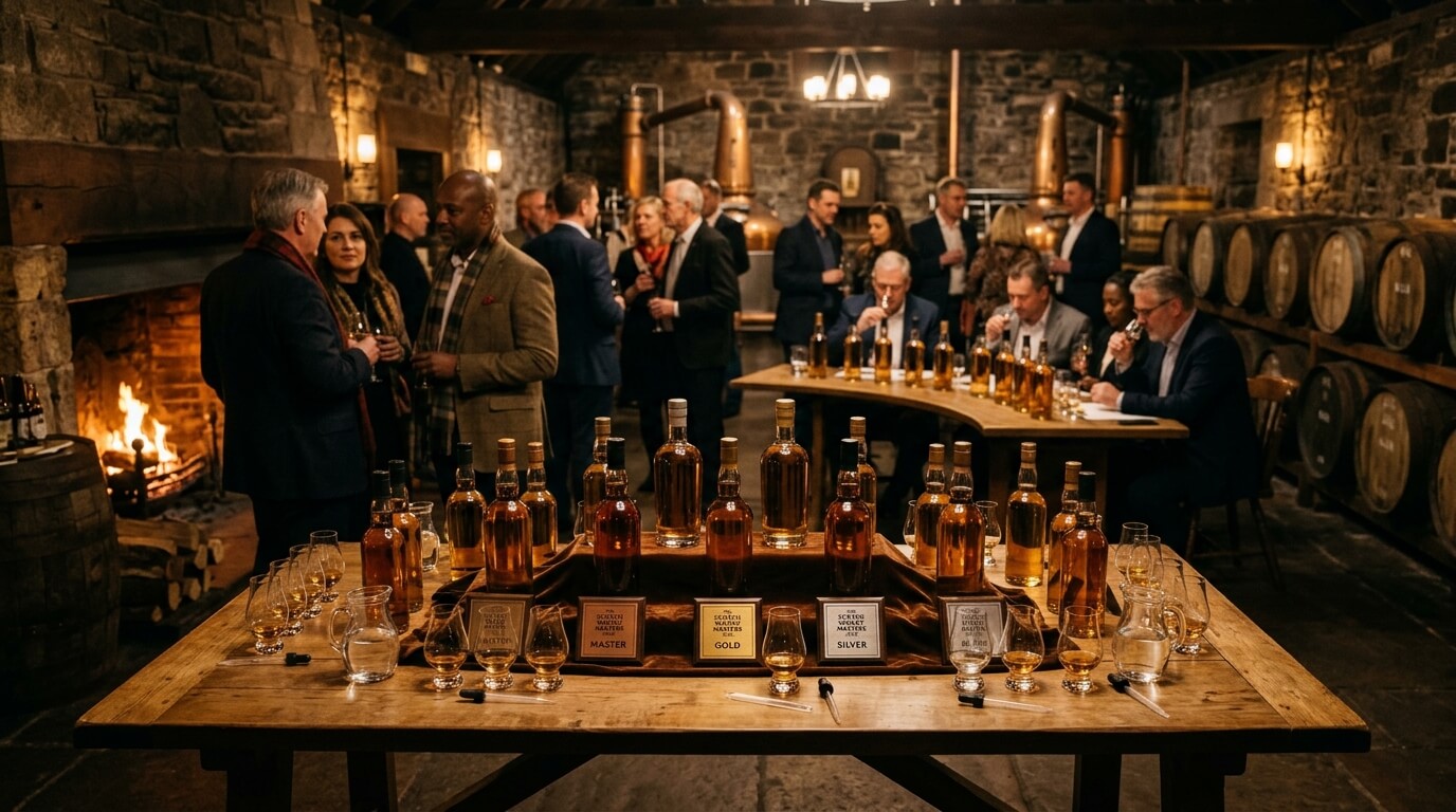 Scotch Whisky Masters 2026 winnaars Schotse whisky flessen in Highland landschap