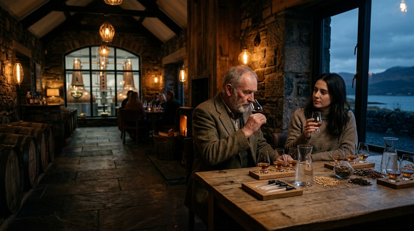 Torabhaig Taigh single malt whisky van Skye met ruige Schotse kustlijn op de achtergrond
