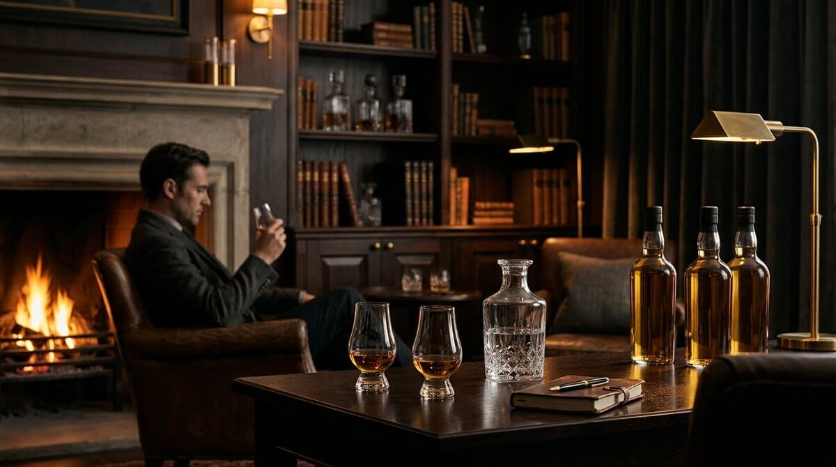 Aberlour 21 en 25 Year Old single malts uit Speyside op de voorgrond met glooiend groen Speyside-dal op de achtergrond