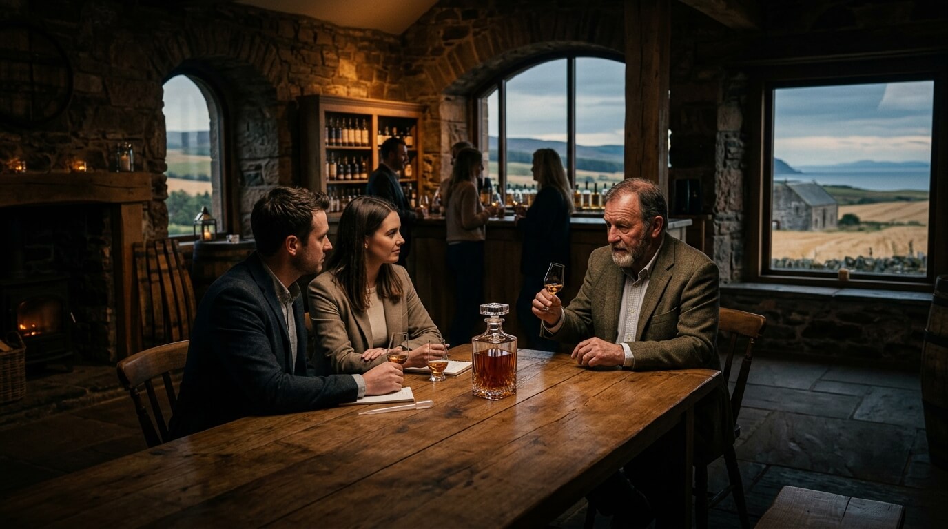 Arbikie The Signature single estate Scotch whisky flessen op de voorgrond met Schots landschap