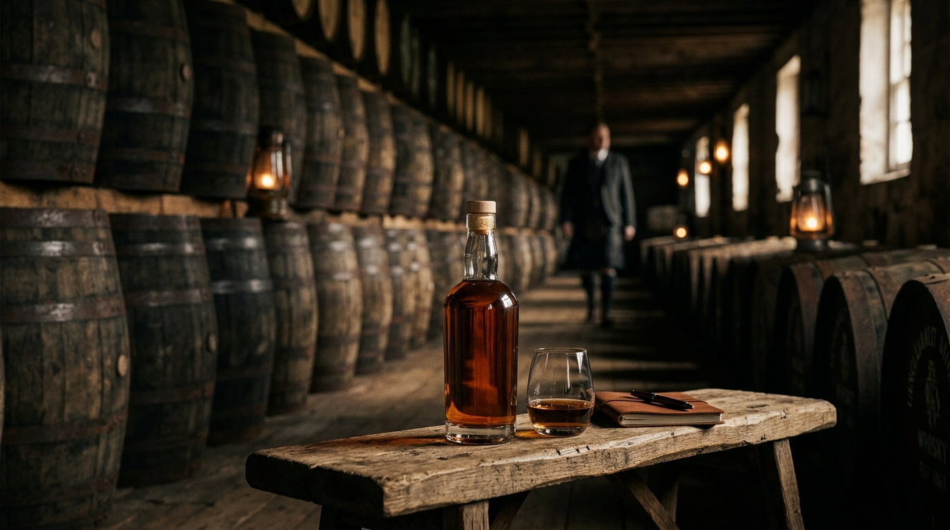Benromach 12 Year Old single malt flessen op de voorgrond met een glooiend groen Speyside-dal op de achtergrond