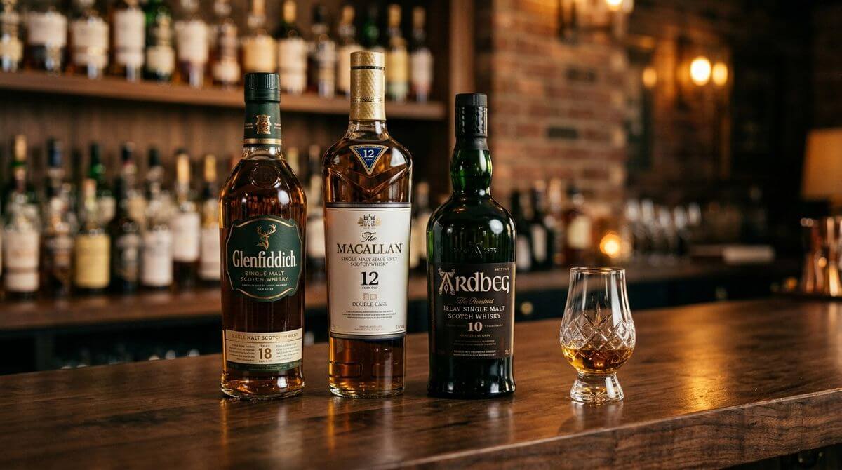 Beste whisky puur drinken, flessen op de voorgrond met Schotse berglandschap