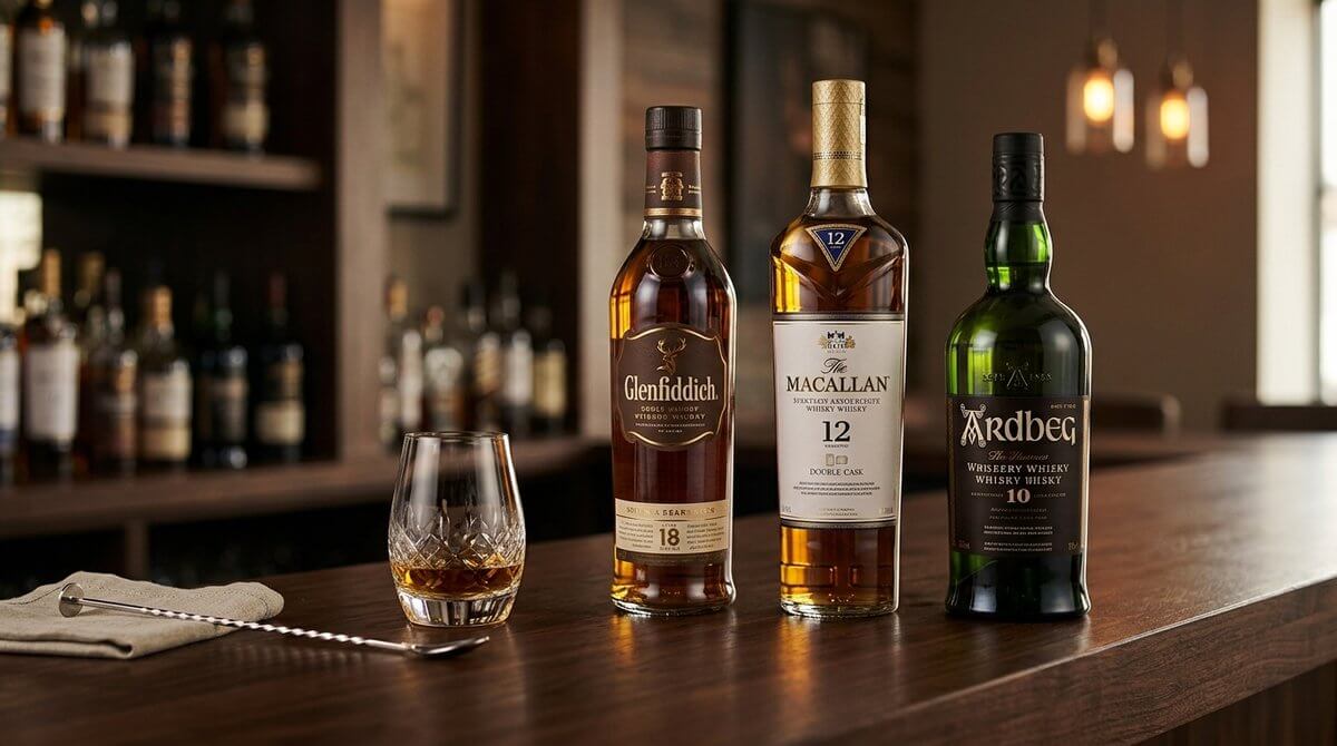 Verschillende whisky flessen voor cocktails met bourbon vaten en koperen pot stills op de achtergrond