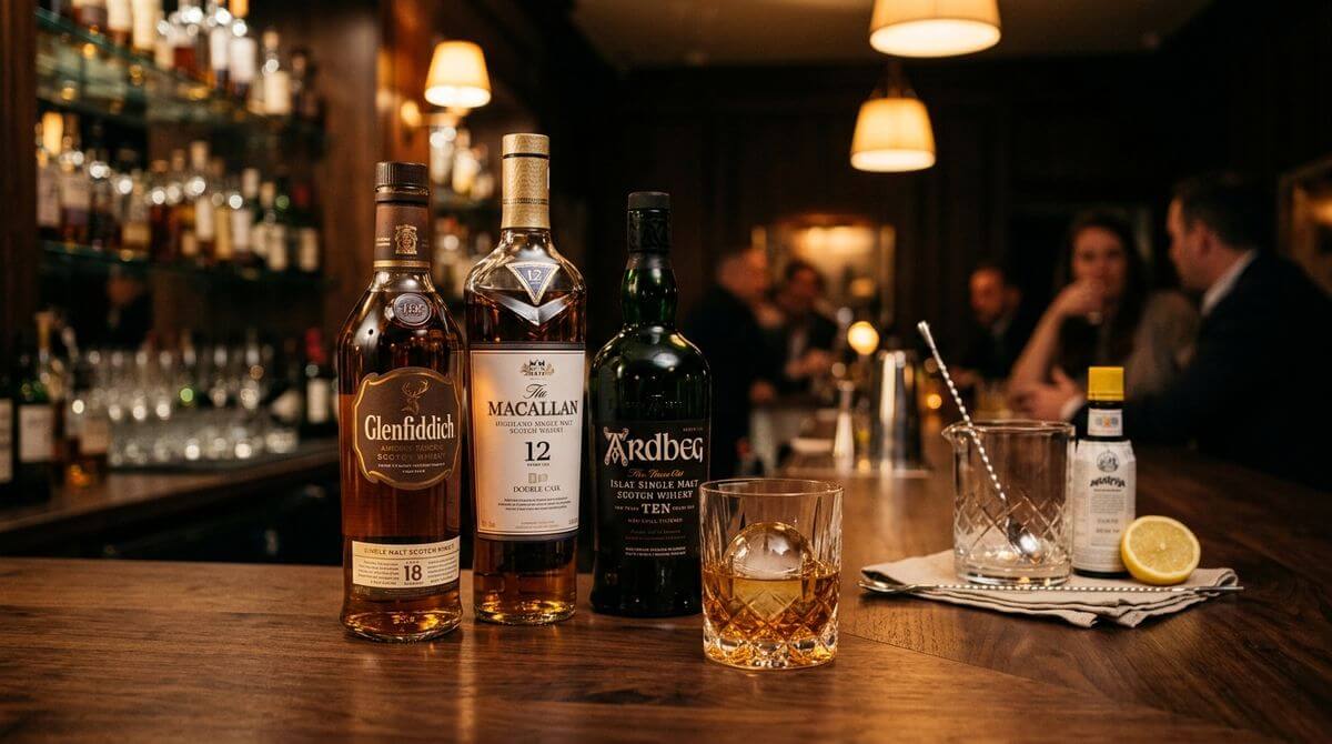 Beste whisky voor whisky sour en klassieke cocktails, flessen bourbon en whiskey op een bar