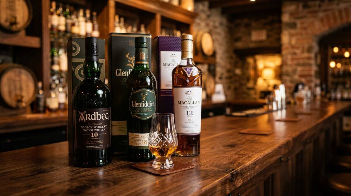 Geschiedenis Schotse whisky flessen voor een mistige Highlands vallei