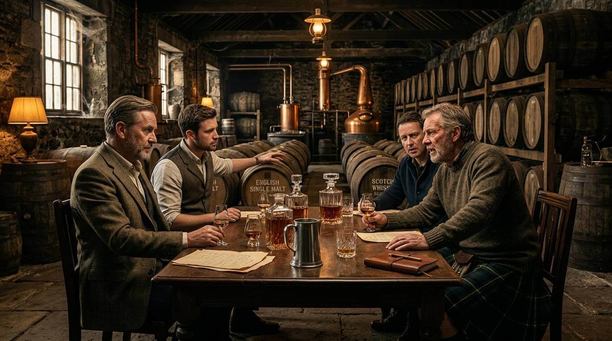 Engelse whisky bescherming, flessen met Engels landschap op de achtergrond