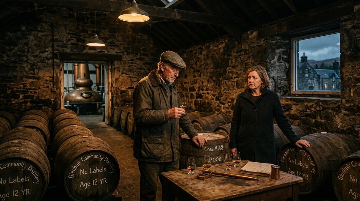 GlenWyvis community distilleerderij whiskyflessen met mistige Schotse Highlands op de achtergrond