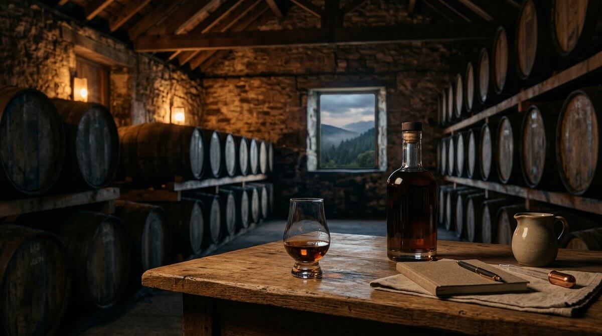 Glenturret 20 Year Old whisky flessen met Highland-landschap op de achtergrond