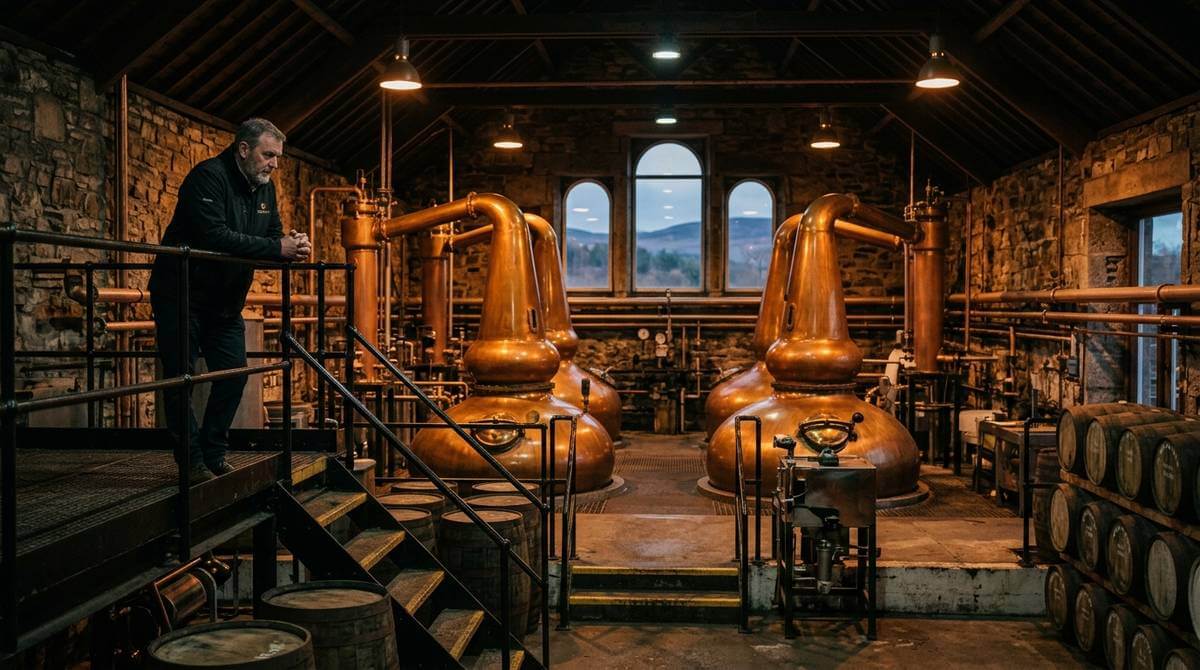 GlenWyvis Distillery whiskyflessen met Highland-landschap op de achtergrond