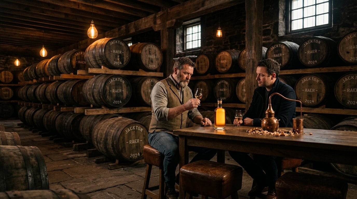 Jackton RAER single malt Scotch whisky flessen met Schots Lowland-landschap op de achtergrond