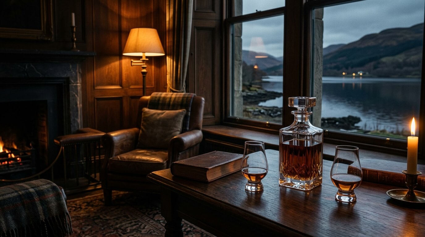 Loch Lomond 31 Year Old single malt flessen met Schots Highland-landschap